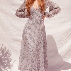 NWT Lulus Garden Paths Beige Floral Print Puff Sleeve Maxi Dress